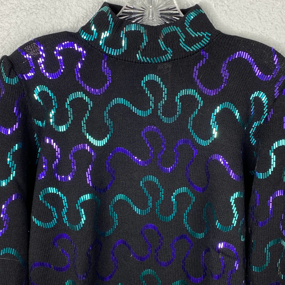 St. John Neiman Marcus Top Size 8 Womens Black with Purple Teal Sequin - Picture 4 of 11